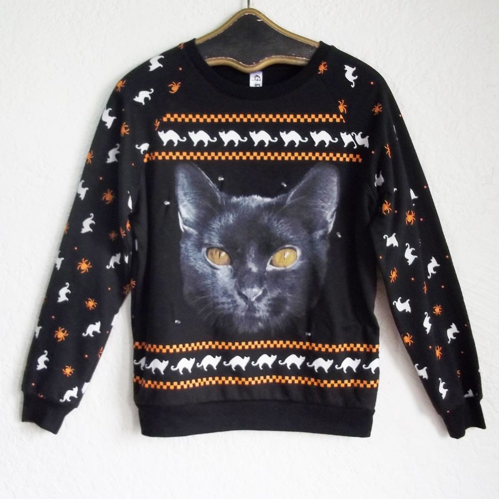 Black Cat Face w Cats Spider Checker Border LED Light Up Halloween Sweatshirt M
